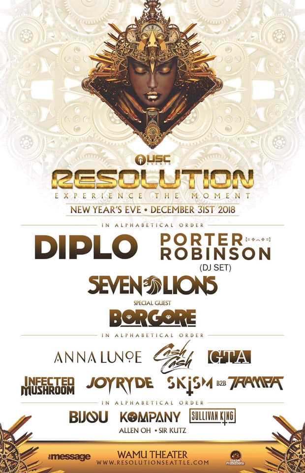 RESOLUTION NYE 2019: Diplo, Porter Robinson (DJ set), Seven Lions & Borgore!